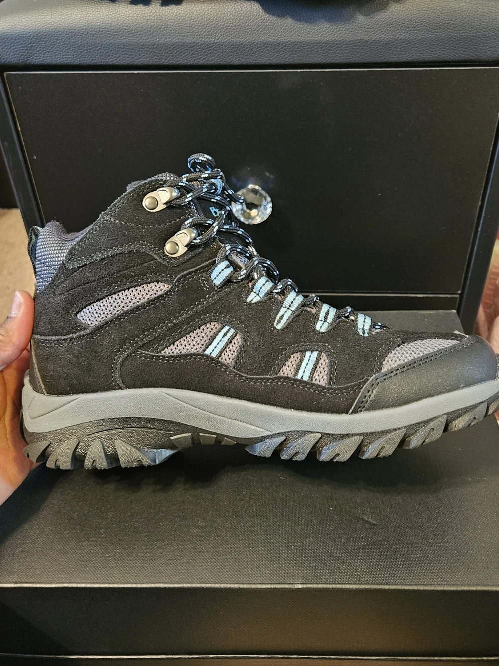 BearPaw Women's Black and Gray Hiking Mid Boot with Light Blue Accents